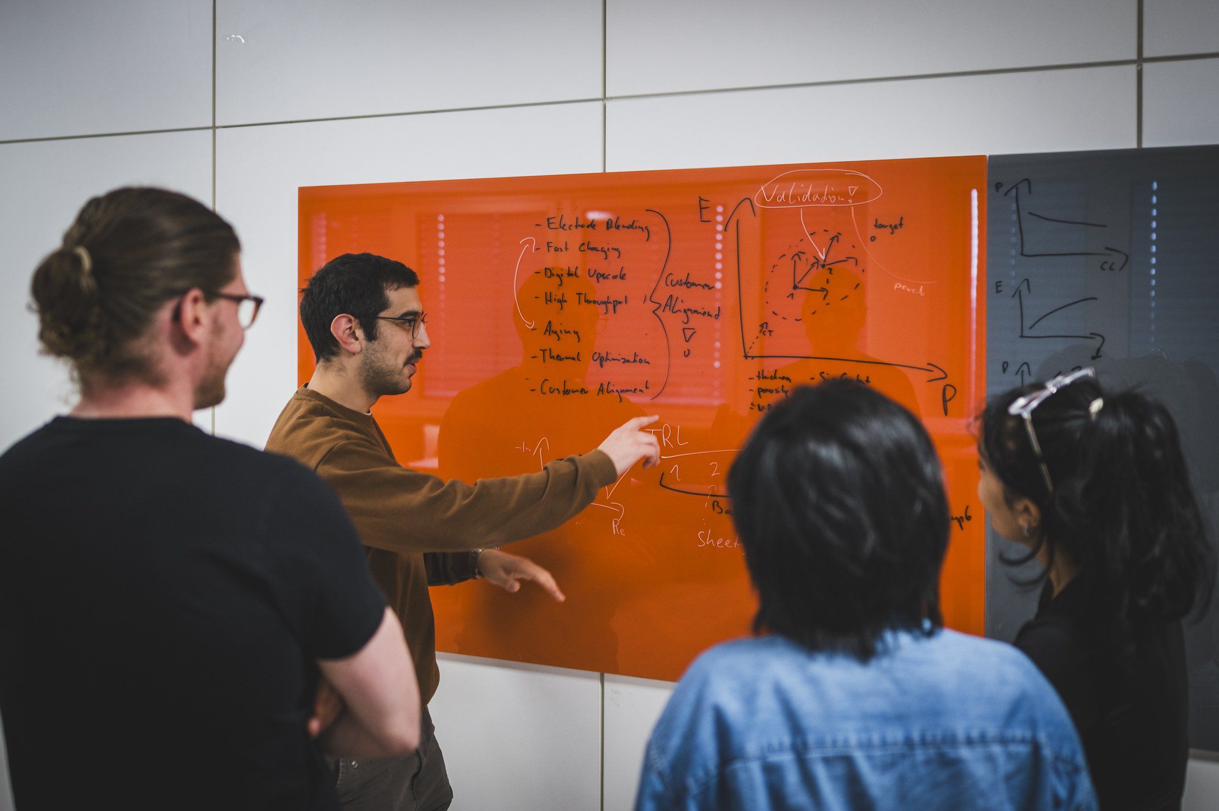Batemo engineers in front of a glass wall covered in handwritten battery equations and an energy-power sketch