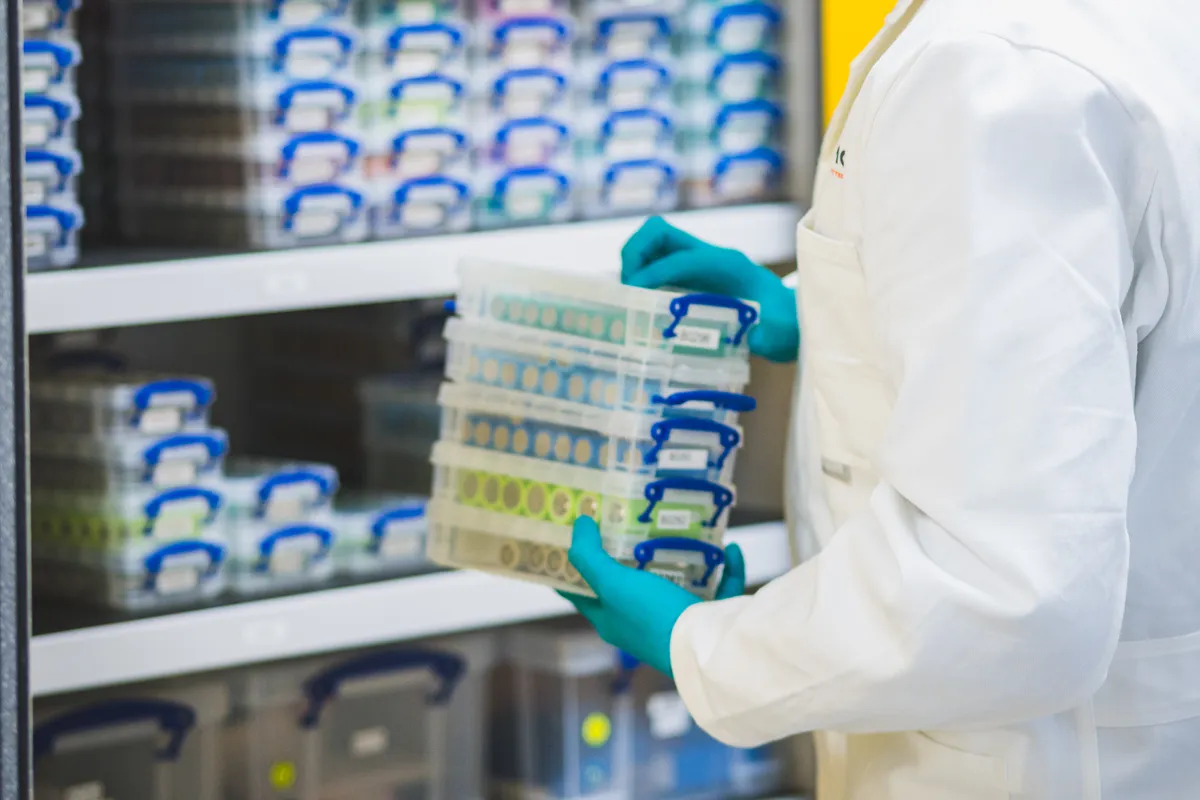 A Batemo engineer in gloves takes boxes of battery cells from a storage cabinet in the laboratory